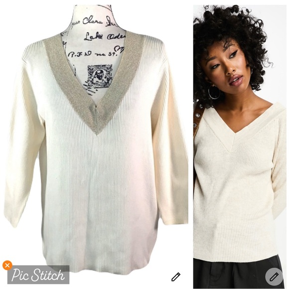 Liz Claiborne Sweaters - Liz Claiborne V-Neck Striped-Trim Sweater